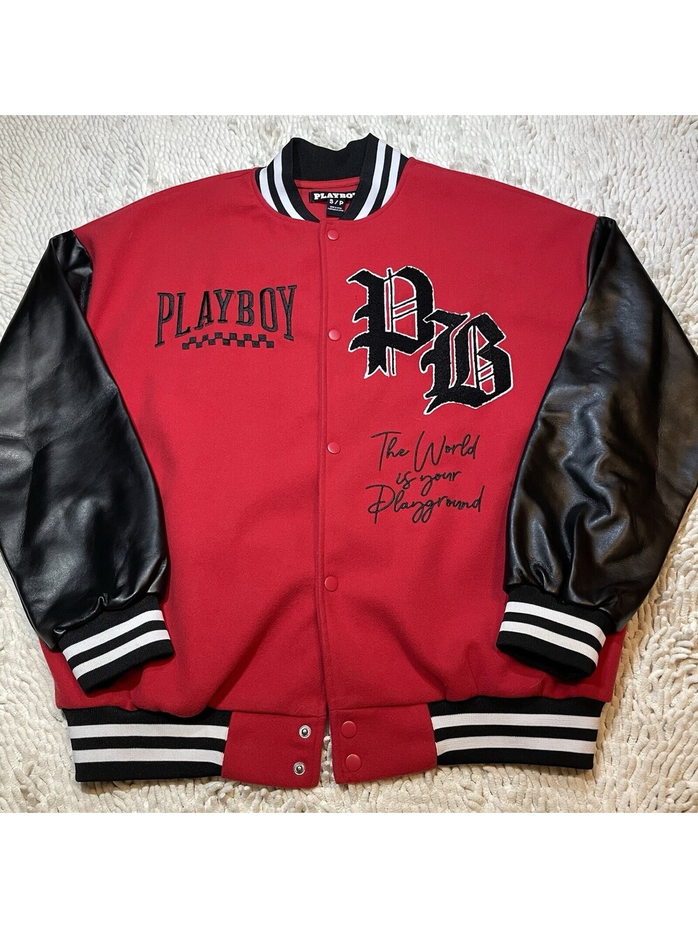 Playboy Varsity Bomber Jacket Coat Black Red Sz S Embroider Leather Like Sleeve